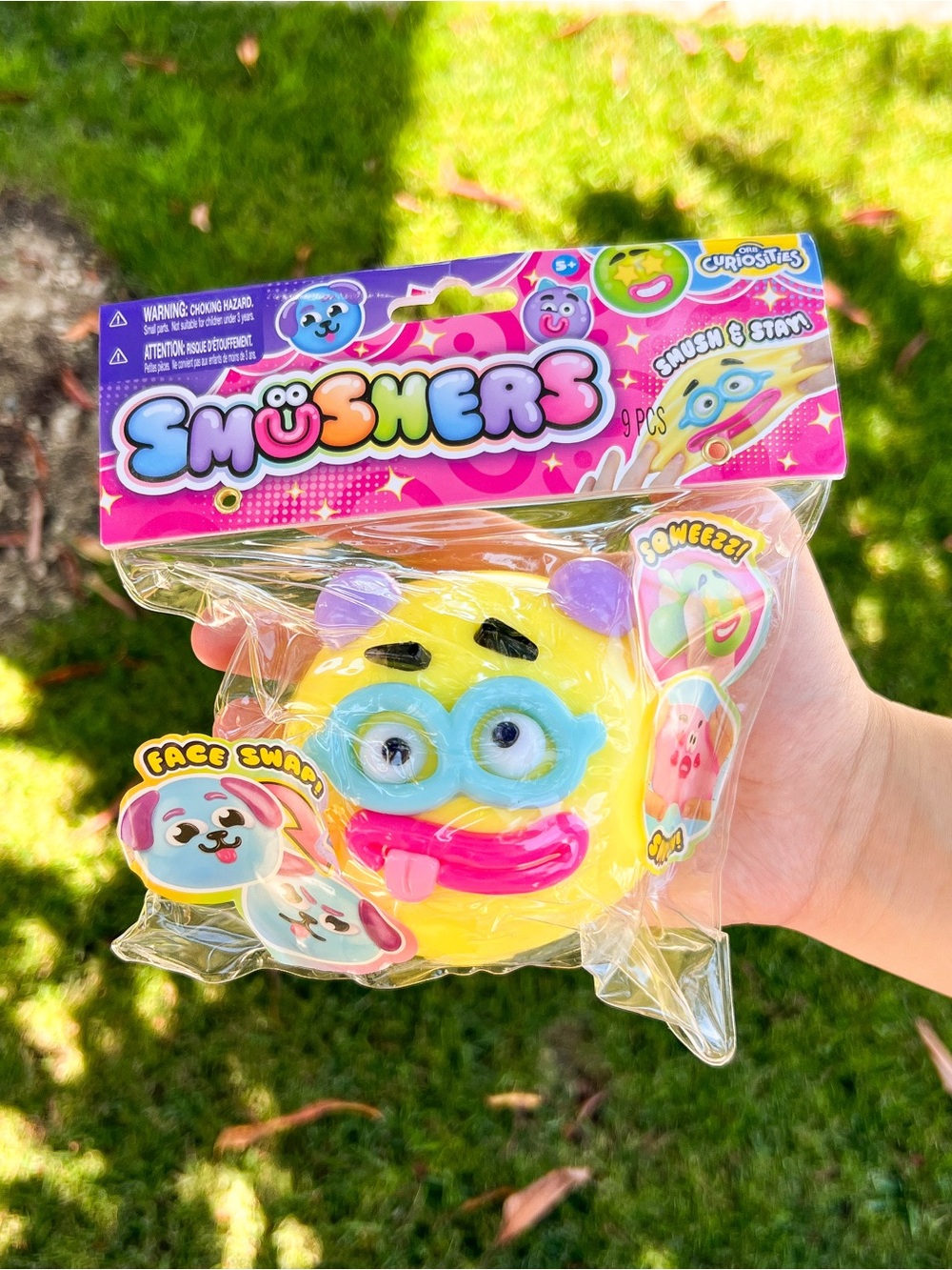 Authentic Smushers Squeeze Toy - Yellow with Blue, Pink, Purple Accents